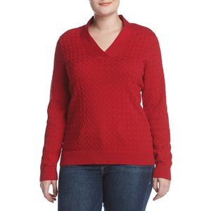 Womens Studio Works Basket Weave Knit Sweater V-Neck Red Size 2X 3X Cotton NWT